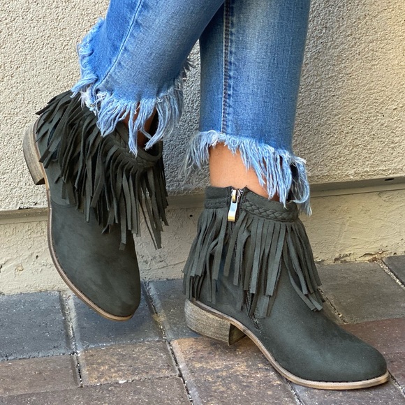 Olive Green Western Boho Braid Fringe Ankle Boots - Picture 2 of 13